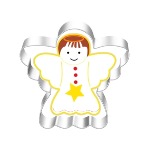 Close-up of angel shaped stainless steel cookie cutter with polished metallic finish