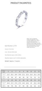 Detailed size chart for S925 sterling silver irregular ring showing inner diameter measurements