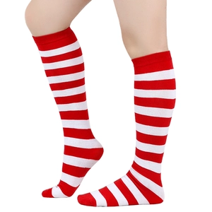 Detail shot of red and white striped knee-high socks showing the knitted cotton texture