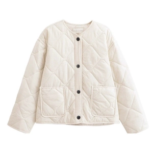 Waterproof cream quilted jacket with round neck and dark buttons for women
