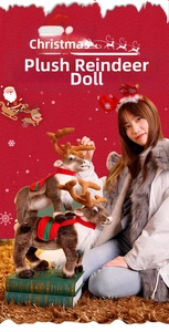 Detailed realistic plush reindeer figurine set with festive red saddle for Christmas decor