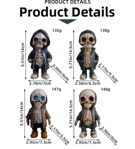Detailed size and weight specs for four creative Halloween skull figures in hooded jackets
