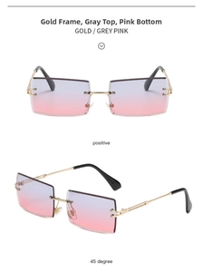Detail view of rimless rectangular sunglasses with gold metal temples and grey pink lenses