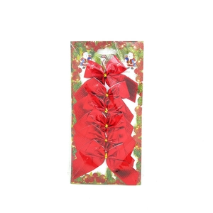 Close-up of bright red metallic Christmas bows in clear plastic packaging