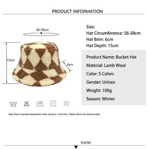Winter plaid lamb wool bucket hat with detailed size measurements and soft texture