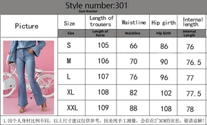 Guide des tailles pour jeans évasés femme avec mesures de taille, hanches et longueur