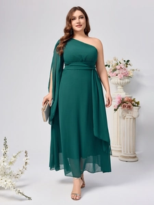 Plus Size Asymmetric Shoulder Chiffon Maxi Dress Dark Green Sleeveless Elegant Evening Party Gown Women