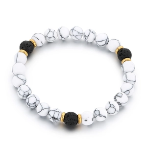 Elastic beaded bracelet with natural lava rock and white marble stones plus gold spacers