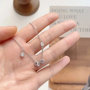 Elegant S925 sterling silver chain necklace with three round beads and sparkling crystals