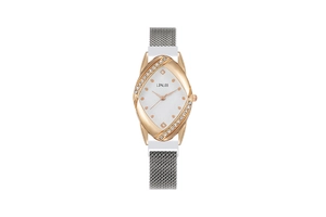 Close-up of rose gold rhombic case watch with diamond bezel and grey mesh band
