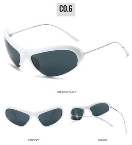 Three-angle view of white cat-eye sports sunglasses with slim silver metal temples