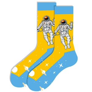 Detail view of cotton crew socks featuring bright yellow color and astronaut patterns