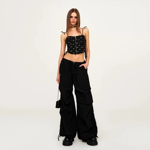 Black Y2K cotton vest with embroidery and cargo wide-leg pants full body model view