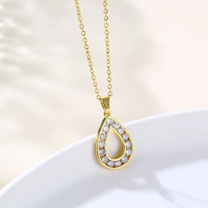 Stainless Steel Pendant Necklace Hollow Water Drop Pear Shape Zircon Inlaid Gold Plated Clavicle Chain For Women