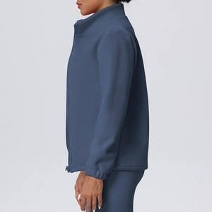 Detail of high collar fleece zipper sports jacket with elastic cuffs in navy blue