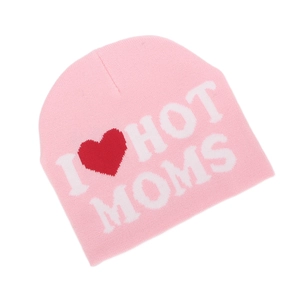 Close-up of pink knit beanie featuring I Love Hot Moms text and red heart pattern