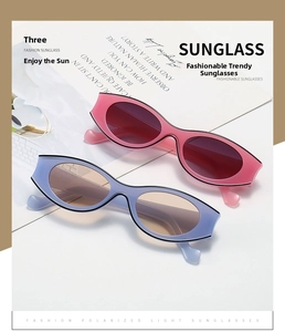 Detailed close-up of retro oval cat-eye sunglasses in pink and light purple colors