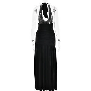 Detailed back view of a black halter neck maxi dress with backless cut and ruching detail