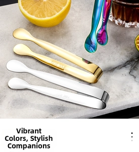 Detail of food-grade 304 stainless steel ice tongs showing color finish and SUS304 stamp