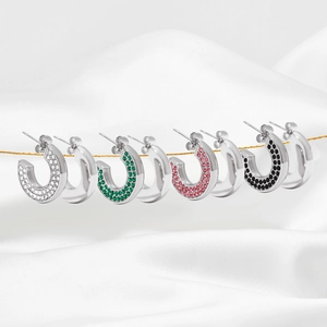 Retro C-shaped stainless steel earrings set with colorful round gemstone inlays