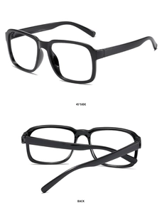 Détails de monture de lunettes carrée noire en acétate, vues de profil et de l'arrière