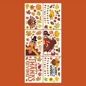 Detail view of 6 Thanksgiving stickers with maple leaves, turkeys, and pumpkins