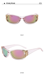 Detail view of pink rectangular sunglasses with gold butterfly hinges and C3 frame markings