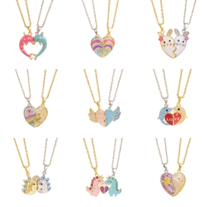 Magnetic heart necklaces with 18k gold plating featuring rainbow cartoon animal pendants