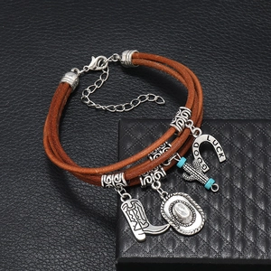 Brown leather multilayer bracelet with cowboy charms and horseshoe Good Luck pendant