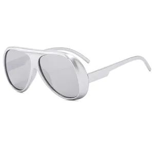 Oversized silver wrap-around outdoor sunglasses with gray lenses for cycling and hiking