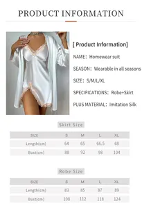 Detailed size guide for silk imitation homewear suit with robe and nightgown set