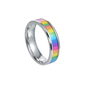 Polished silver titanium steel ring with vibrant six-color rainbow spinning band inlay