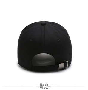 Detail view of the black cotton baseball cap back showing the silver metal buckle strap
