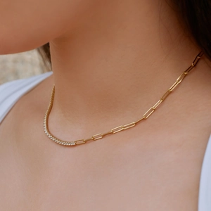 Elegant gold S925 silver necklace with sparkling tennis chain and paperclip link design