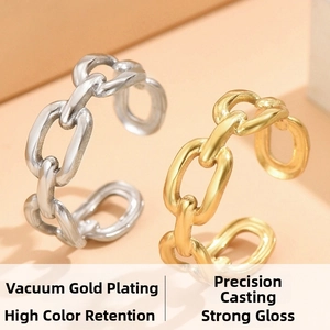 Detail of adjustable chain-style minimalist rings in gold and silver finish plating
