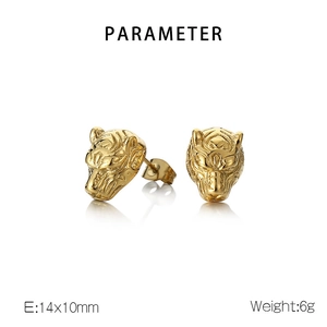 Detail view of golden tiger head stud earrings with embossed texture and polished finish