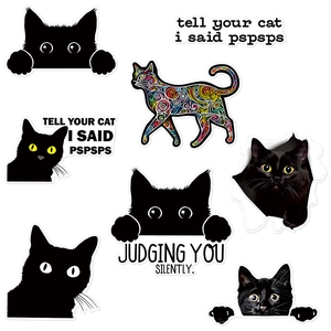 Set of 8 cute peeking black cat stickers for cars and laptops, waterproof vinyl decals