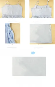 Detail view of light blue backless sundress showing pockets, neckline and cotton texture