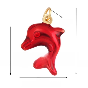Red enamel dolphin charm pendant with dimensions 16x25mm and golden metal loop