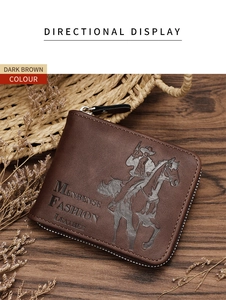 Detail of dark brown leather wallet with embossed Western cowboy rider motif