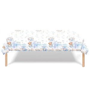Detail of disposable teddy bear party tablecloth with blue balloons and stars design