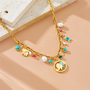 Gold stainless steel elephant necklace with pearls, turquoise, and colorful charms