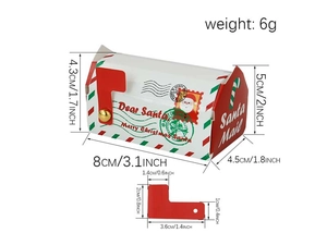 Detailed dimension guide for mailbox-shaped Christmas candy box with size and weight specs