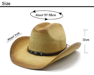 Size chart showing 58cm head circumference and 9cm brim for the straw cowboy hat