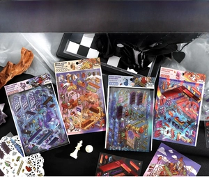 Macro detail of 2.5D isometric decorative scene stickers for DIY scrapbooking