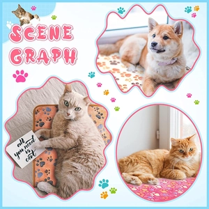 Detail of coral fleece pet blanket with paw print pattern and colorful fabric swatches