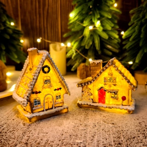 Christmas Gingerbread House LED Glowing Resin Ornament Desktop Miniature Snowy Cottage Festive Home Tabletop Decor