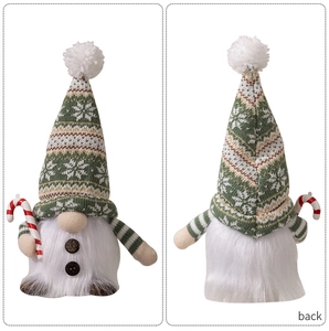 Front and back detail of Christmas gnome with green knit hat and candy cane decoration