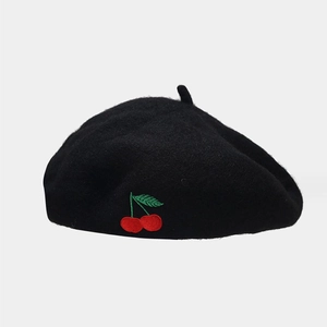 Classic black wool beret for men and women featuring red cherry embroidery on the side