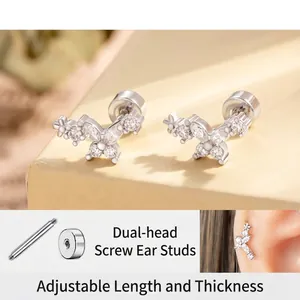 Butterfly Flower Ear Cartilage Stud Titanium Steel Zircon Screw Back Piercing Jewelry For Women